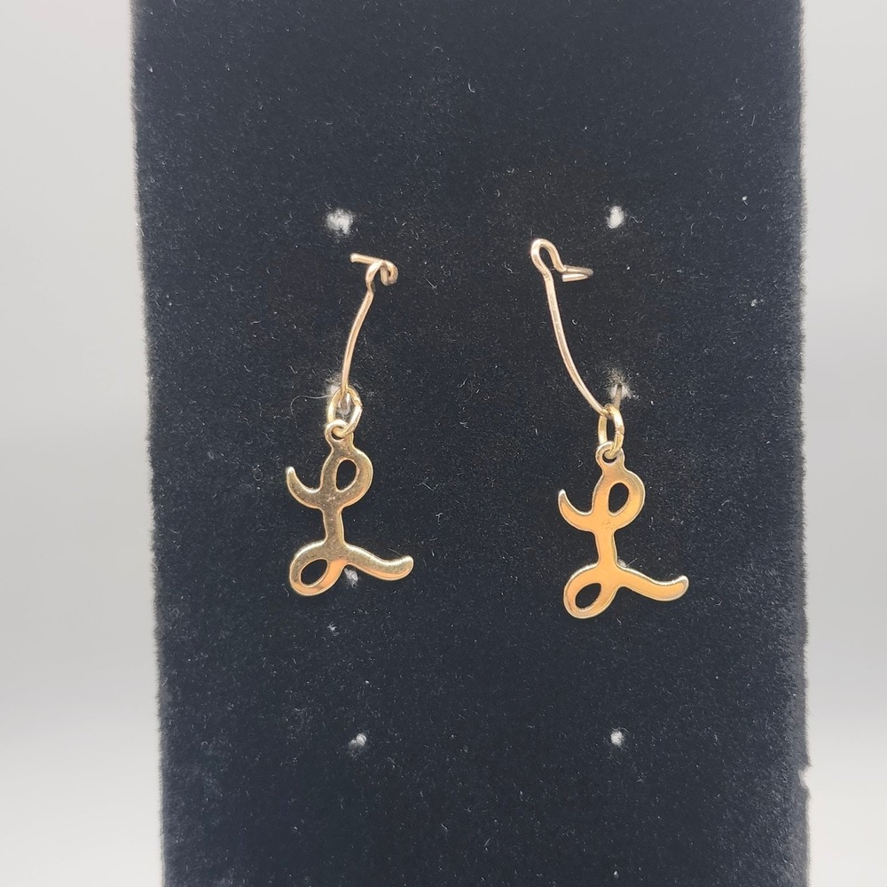 Gold Tone Initial L Dangle Earrings 1.5" Drop Script Letter Charm Fashion